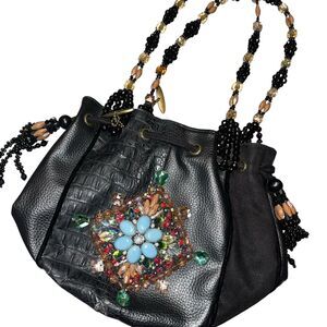 MARY FRANCES Black Beaded Floral Jeweled Straps Purse